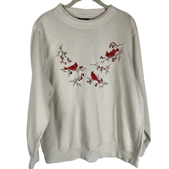 Vintage cardinal tree branch embroidered bird double collar sweatshirt - Picture 1 of 6